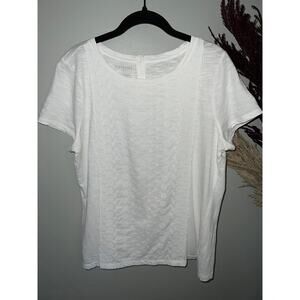 Talbots size L white short slv t-shirt 100–% cotton eyelet lace front panel EUC